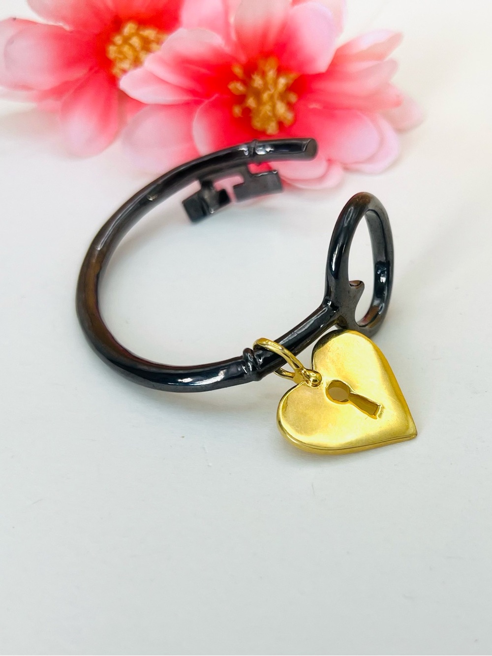 Black Bangle Bracelet with Gold Heart Lock Charm